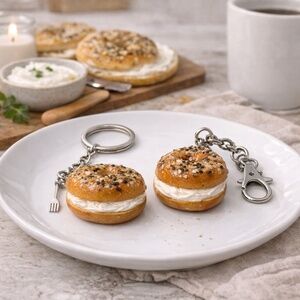 Everything Bagel Keychain or Bag Clip, Miniature Bagel Charm, Handmade Breakfast